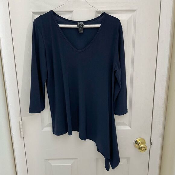 Clara Sun Woo Asymmetrical Hem Blouse Size Medium Navy Blue Flowy Artsy - Picture 1 of 4